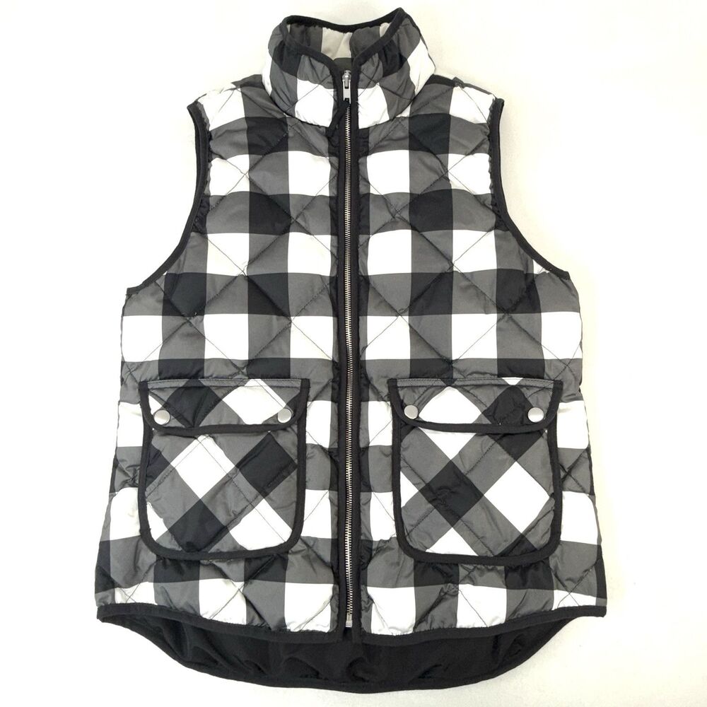Woolrich Vest Womens Medium White Black Checker Plaid Full Zip Duck Down Puffer